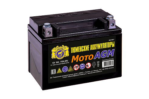 Аккумулятор Мото 12 В 9 А/ч прямая полярность Тюмень AGM ток 95 А 150x86x105