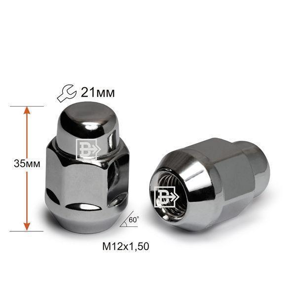 Гайка колеса M 12x1,5x35 хром конус с выступом закрытая ключ 21 Вектор