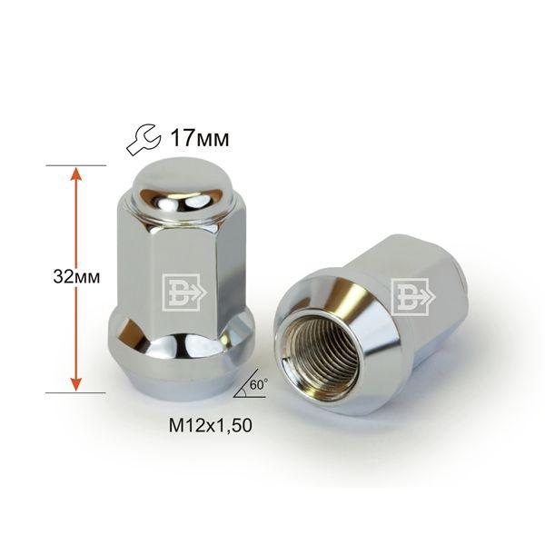 Гайка колеса M 12x1,5x32 хром конус с выступом закрытая ключ 17 Вектор