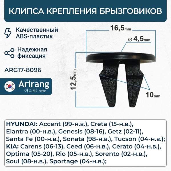 Клипса крепления брызговика Hyundai, Kia