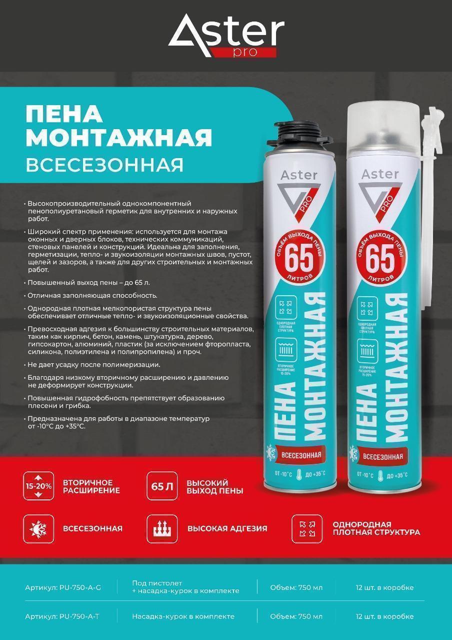 Пена монтажная для пистолета всесезонная Aster Professional 750 мл